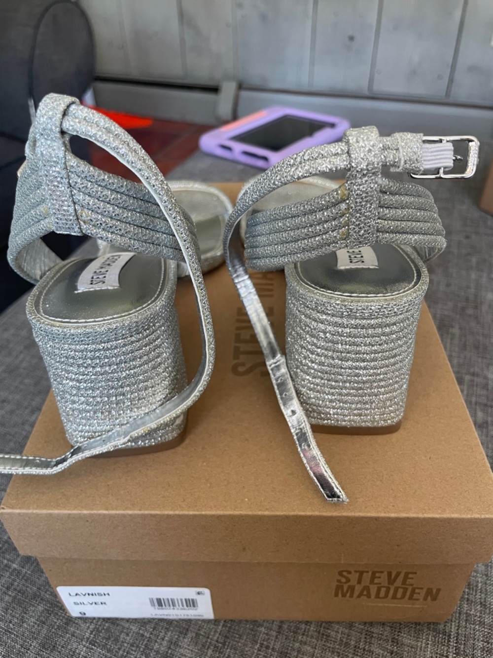 Steve Madden Silver Glitter Block Heel Sandals - Picture 2 of 2